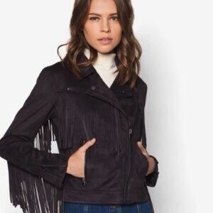 Topshop Black Faux Suede Fringe Moto Western Jacket | Size 6